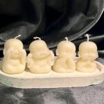 Four Little Monks scented candle set on decorative dish – cute handmade monk candles for home decor and gifting by La Sol Studio