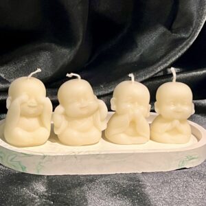 Four Little Monks scented candle set on decorative dish – cute handmade monk candles for home decor and gifting by La Sol Studio