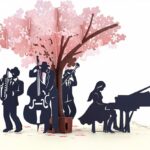 Sakura Concert 3D Pop Up Card featuring musicians performing under a blooming cherry blossom tree – handmade keepsake gift for music lovers and special occasions.