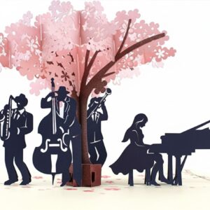 Sakura Concert 3D Pop Up Card featuring musicians performing under a blooming cherry blossom tree – handmade keepsake gift for music lovers and special occasions.